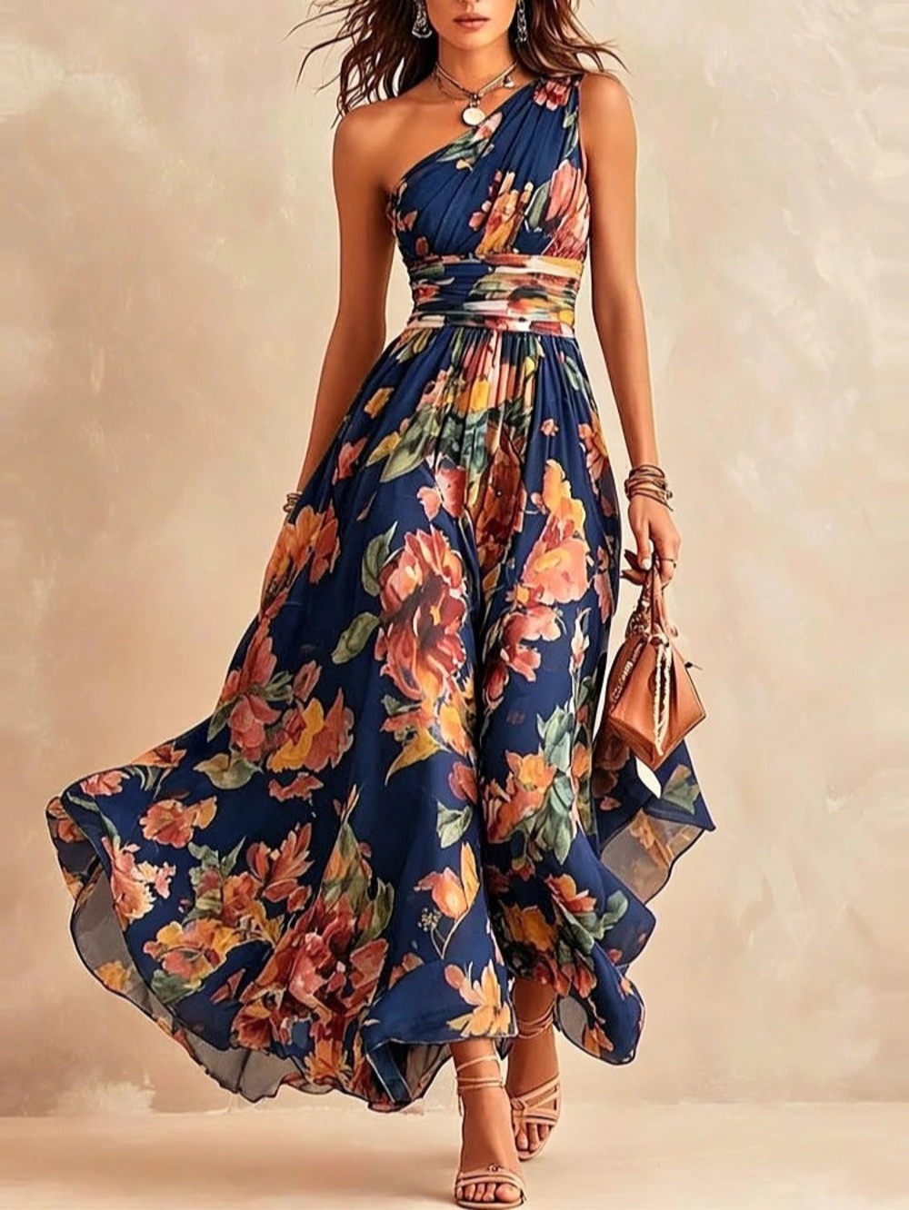 Vince Camuto One Shoulder Navy Orange Floral Maxi Dress Floral Maxi Dress Blue &